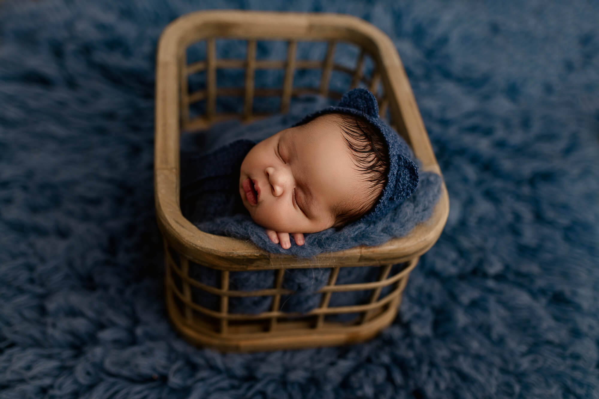 baby with bear bonnet snuggled in a baby create during first portrait session